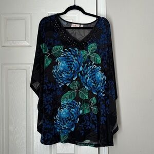 Quacker Factory Studded Chrysanthemum Floral V-Neck Caftan Top Size 1X Poncho